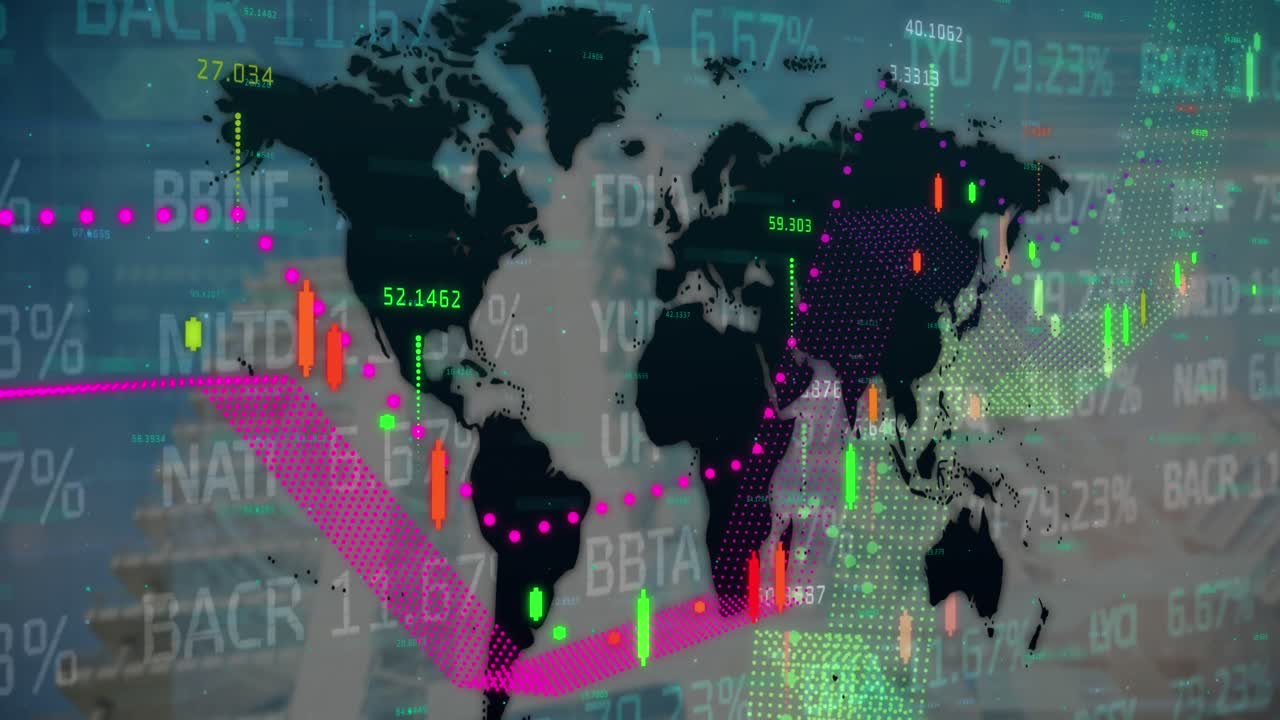 세계 지도, 금융 데이터 및 그래프를 가진 디지털 화면 애니메이션