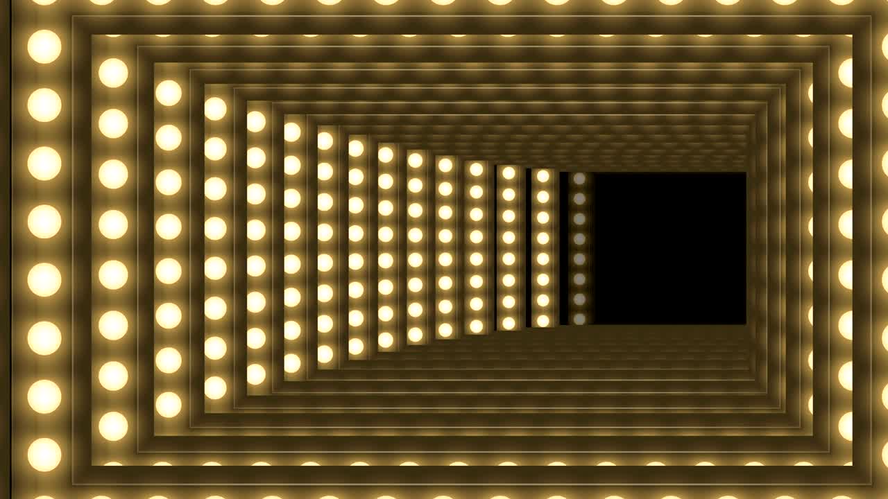 cuadro de caja de bombilla incandescente de túnel forma rectángulo patrón móvil, retro 3d estilo virtual ilustración brillo en fondo oscuro animación de bucle sin costuras 4k, con espacio de copia