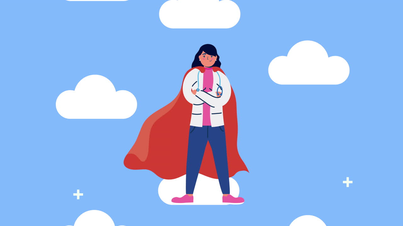 super mujer doctor con manto de héroe en el cielo