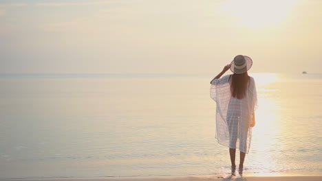 Silueta-De-Una-Mujer-Parada-En-Una-Playa-De-Arena-Blanca-Cerca-Del-Mar-En-Una-Puesta-De-Sol-Dorada-En-Florida