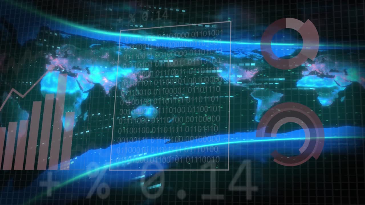 검은 바탕에 있는 세계 지도 위의 데이터 처리 애니메이션