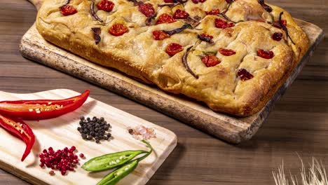 Traditional-Italian-Focaccia-with-pepperoni,-cherry-tomatoes,-black-olives,-rosemary-ando-onion---homemade-flat-bread-focaccia