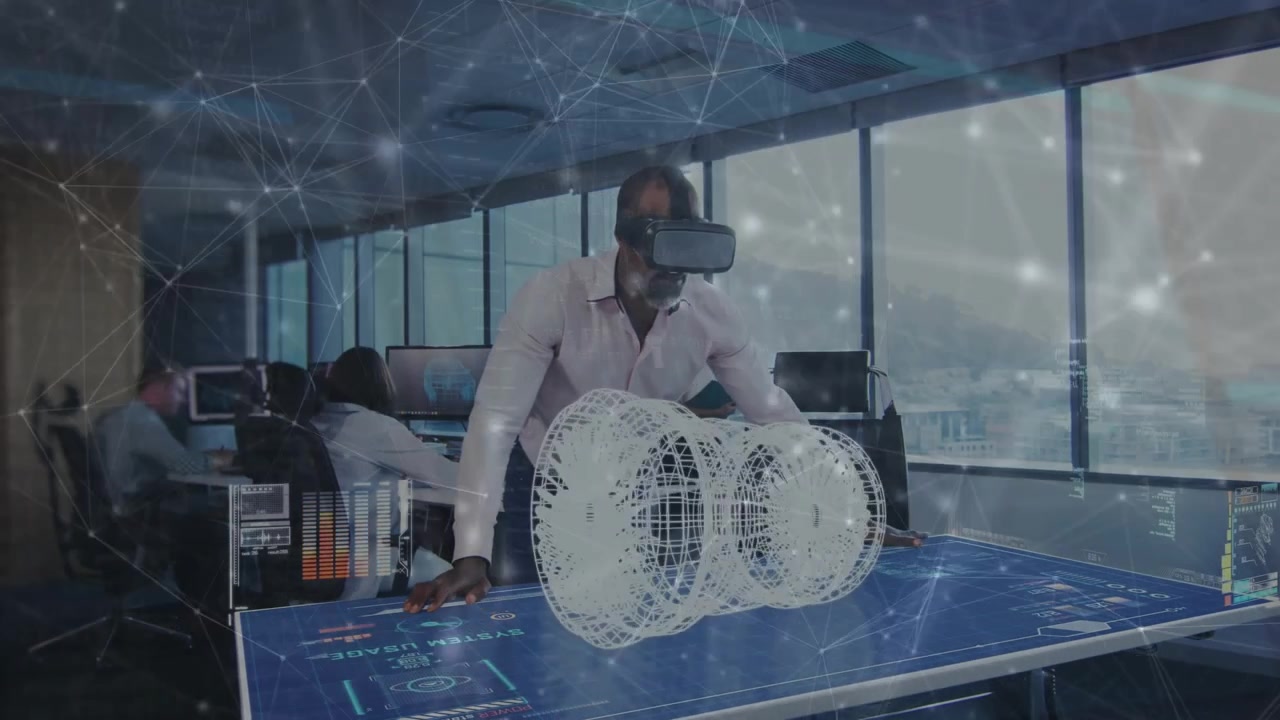 Male engineer activating VR table and rotating wireframe model while fine-tuning design for tech