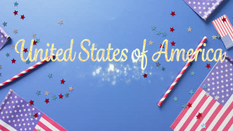 animation of united states of america text over flags of united states of america on blue background