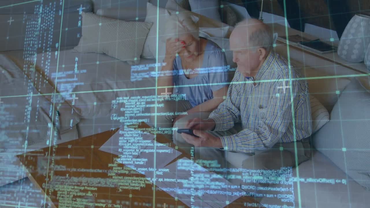 Animation of digital data processing over happy senior couple