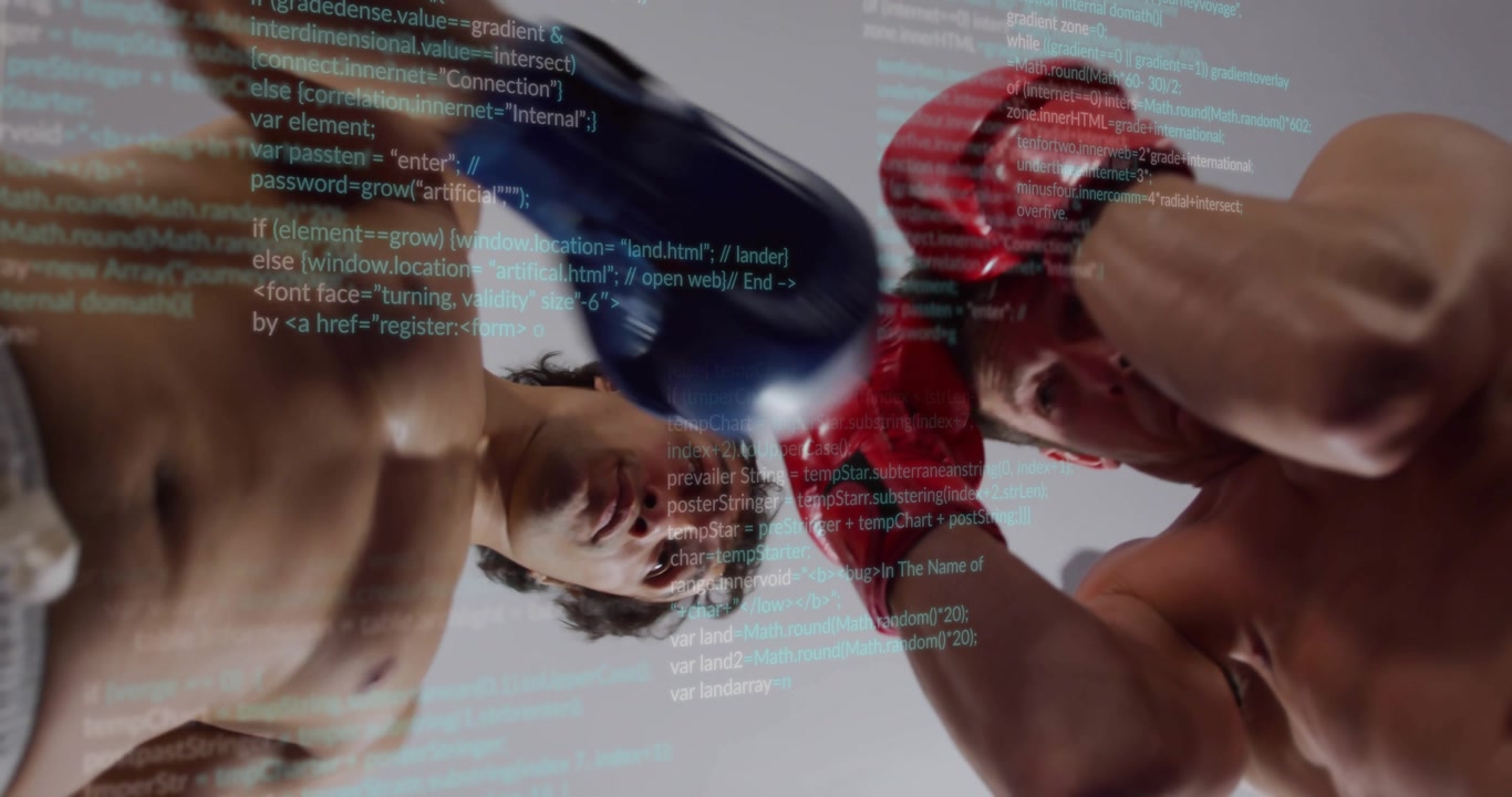 Sparring partners entering frame wearing boxing gloves, circling with code overlay during training