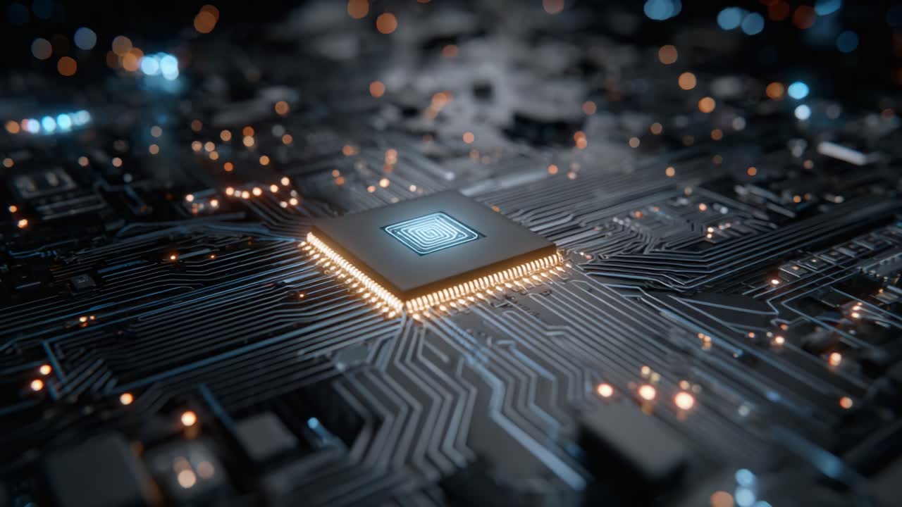 Exploring the Intricacies of a Computer Chip: A Close-Up View of Advanced Circuitry and Illuminated Connections in a High-Tech Environment