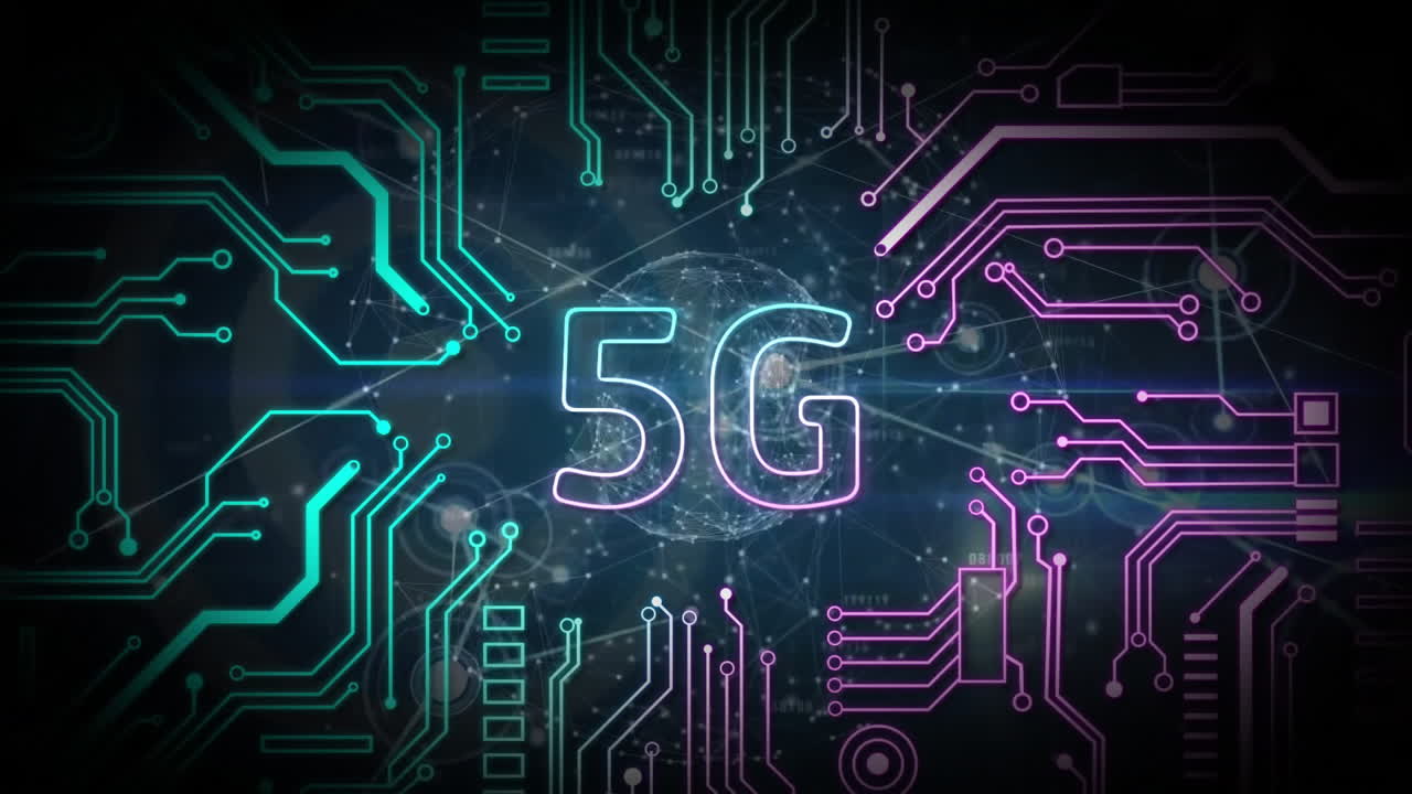 animazione di testo 5g, elaborazione dei dati su scheda di circuito di computer
