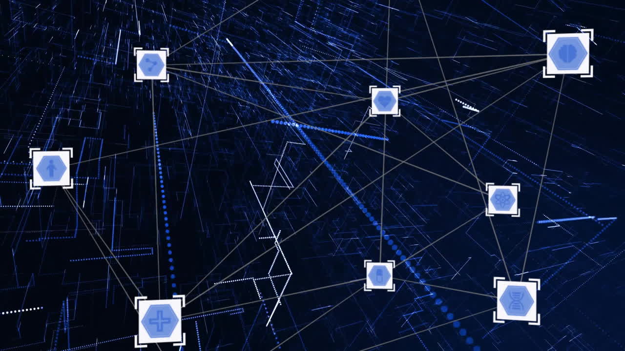 Animation of icons and scientific data processing on dark background