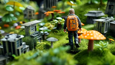 man explores a miniature city overgrown with lush greenery