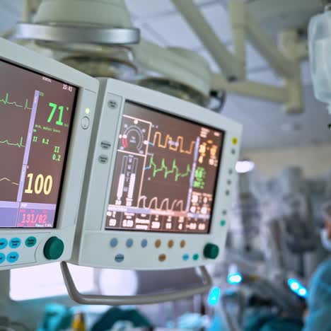 monitors in intensive care unit. heart beat of a patient on the screen of computers during operation in the hospital. healthcare concept.