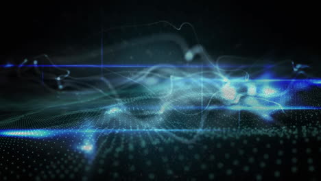 Animation of blue glowing clouds of smoke over waving mesh