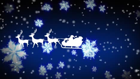 Santa-claus-in-sleigh-being-pulled-by-reindeers-against-snowflakes-floating-and-white-spots-falling