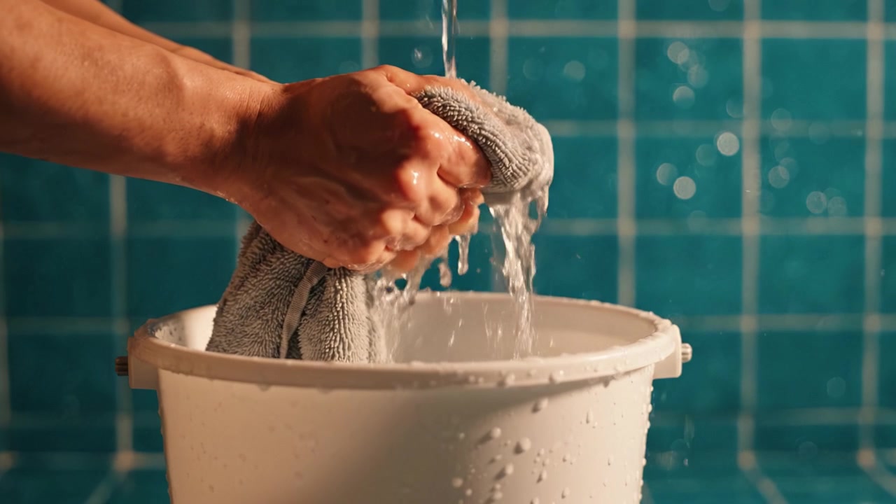 Mani che strizzano un asciugamano bagnato sopra un secchio, catturando il flusso dell'acqua e il tessuto intriso su uno sfondo dai colori vivaci