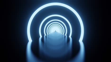 movimiento gráfico 4k simple vacío oscuro futurista sala de ciencia ficción oscura con luces y círculo luz de neón. ciencia ficción luces de neón brillantes azul y blanco círculo piso estudio escenario espectáculo noche virtual oscuro.