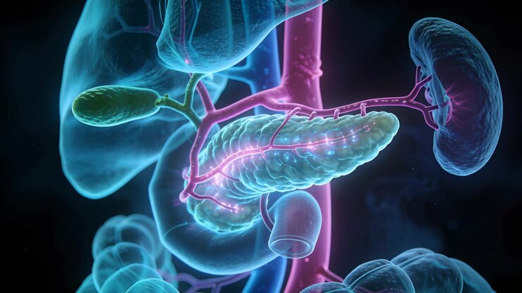 Animation starting with translucent pancreas pulsing and rotating, revealing pink vessels and duct