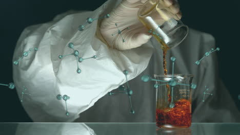 animation of molecules spinning over scientist pouring liquid into laboratory beaker