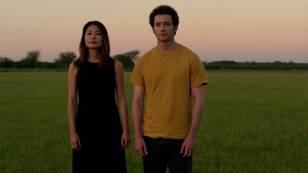 Two people standing in a grassy field at dusk