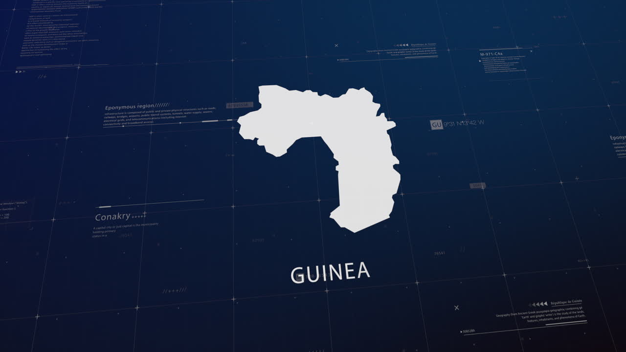 Guinea country map comes to life with cinematic panning, unveiling key details, the capital, and slogan, providing an engaging background for corporate and commercial use