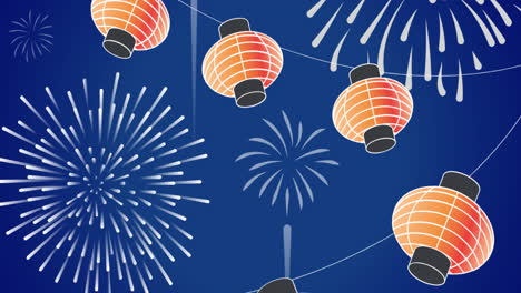animación de linternas chinas y fuegos artificiales de año nuevo sobre fondo azul