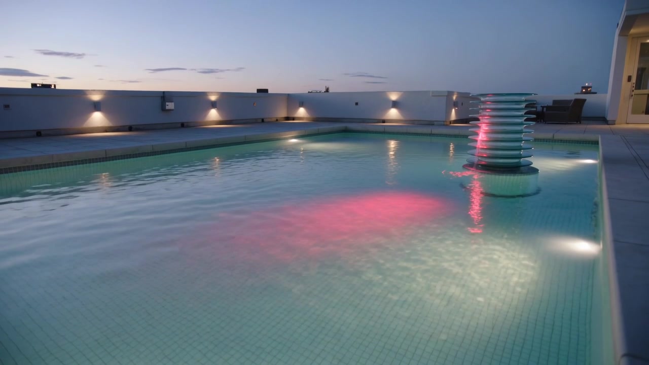 Displaying rooftop tiled pool, fountain reflecting pink underwater lights and rippling from breeze