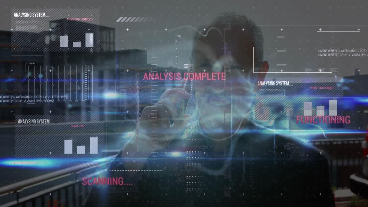 Animation of data processing and blue digital wave over caucasian businessman talking on smartphone