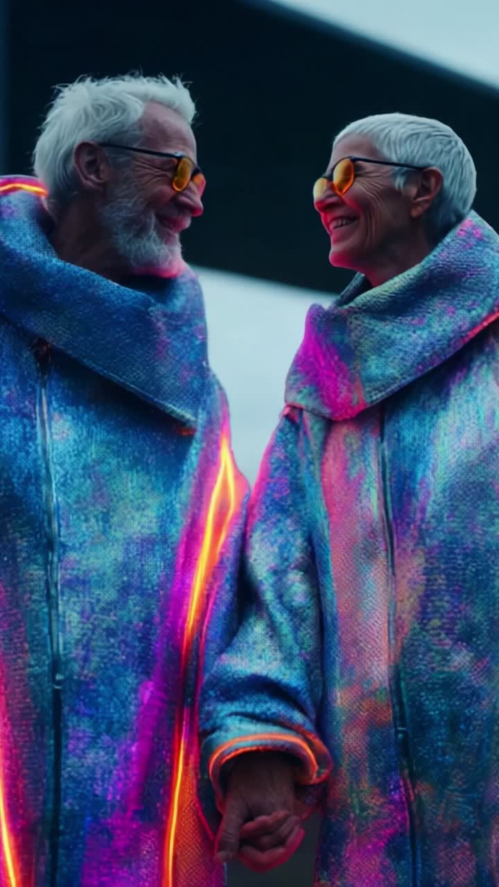 A Vibrant and Colorful Encounter: Two Joyful Individuals Showcasing Their Unique Style in Eye-Catching Illuminated Coats While Holding Hands in a Modern Setting