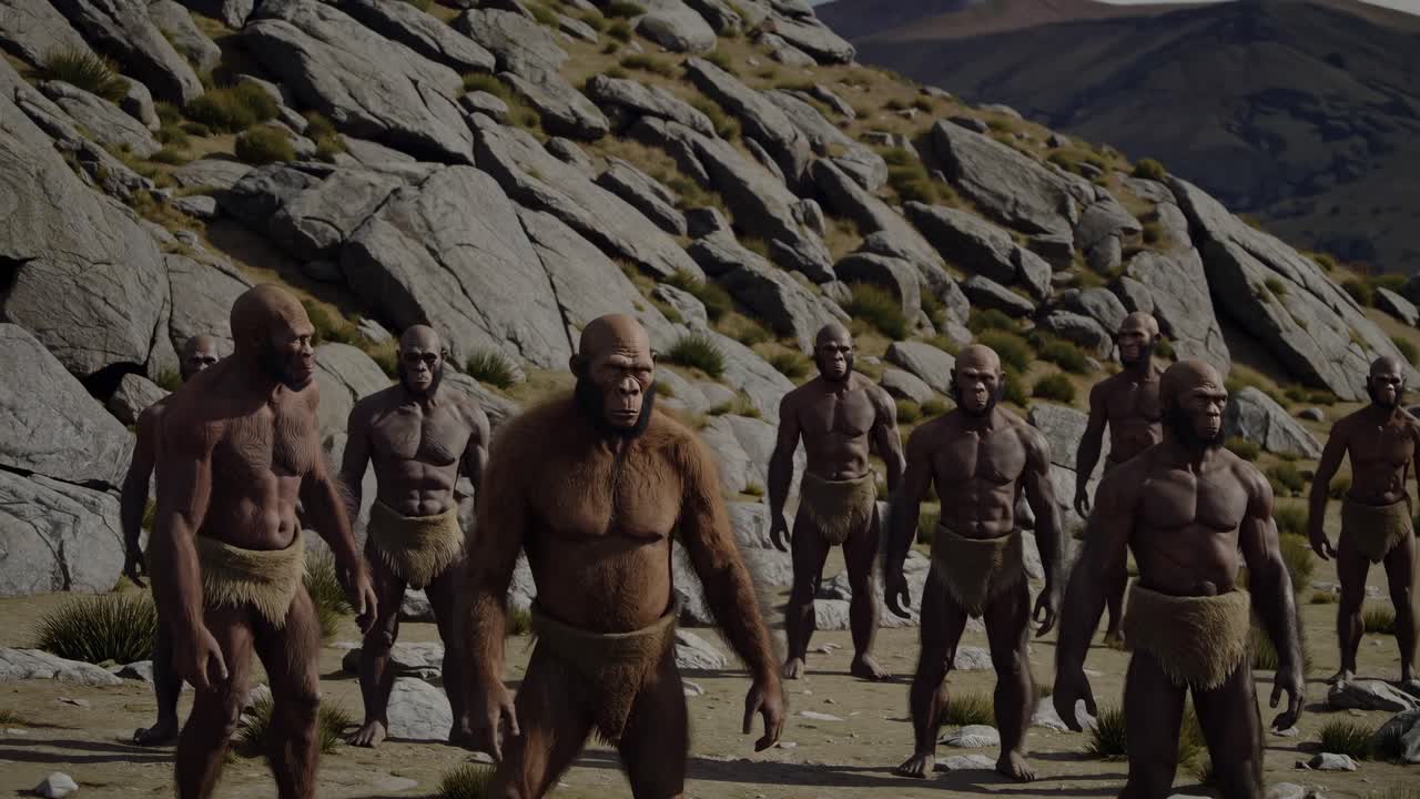 A low-angle shot of a prehistoric human figure under a cloudy sky, emphasizing dramatic tension