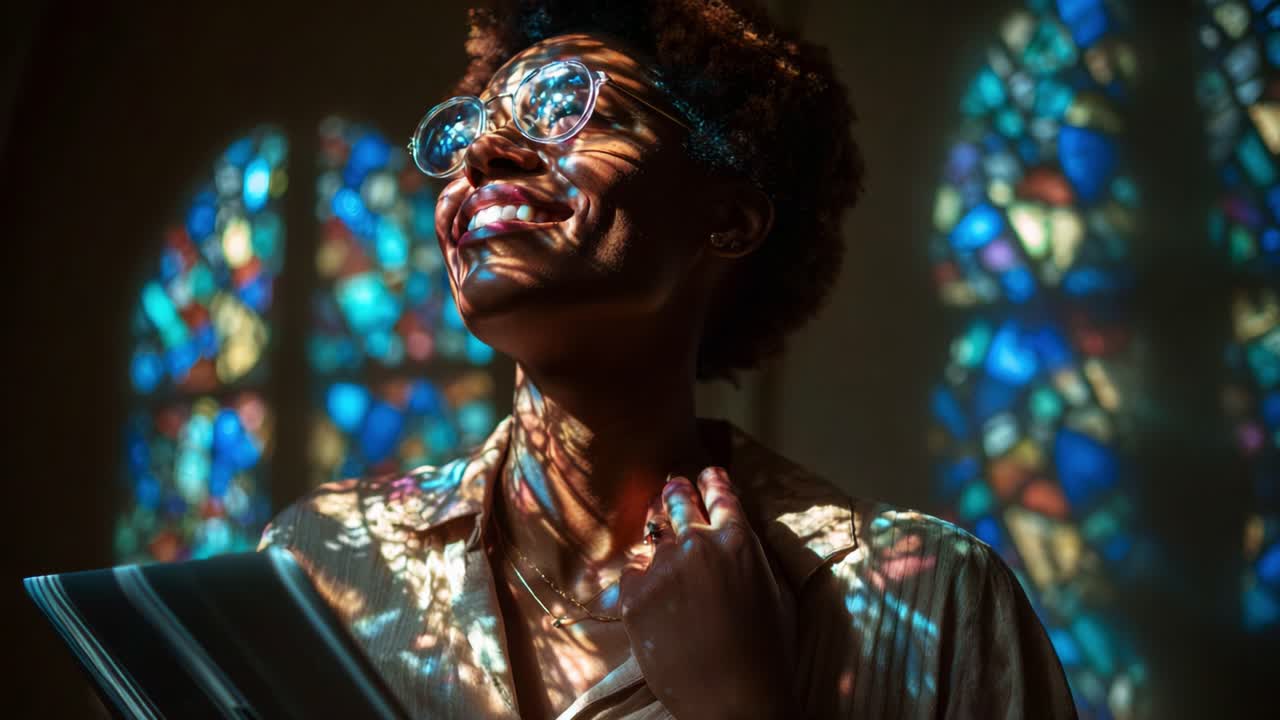 A radiant woman stands in a sunlit room adorned with stained glass, her joyful expression illuminated by colorful patterns, evoking a sense of peace, beauty, and inspiration
