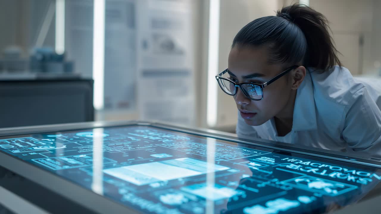 Leaning scientist in labcoat specs comparing floating panels emerging from table in lab, copy space