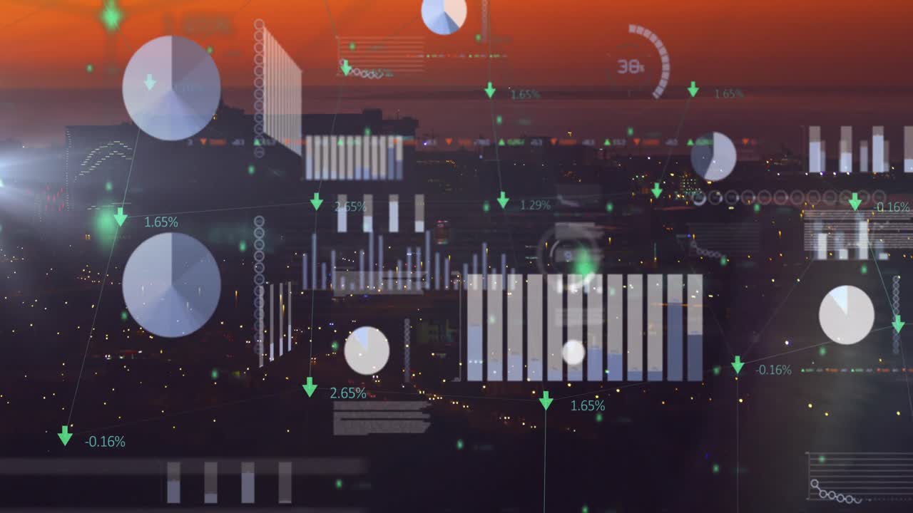 Animation af statistik og databehandling over et bybillede om aftenen.