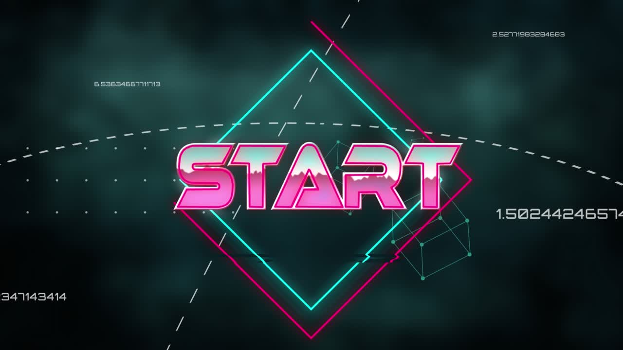 Animation of start text over geometrical shapes on dark background