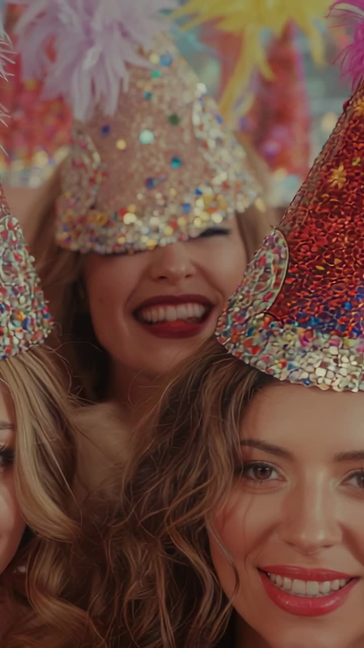 Vertical video: Camera panning showing Hispanic woman maintaining gaze at party, sequined cone hats