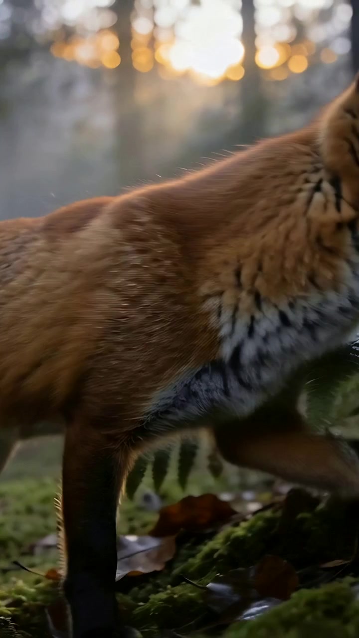 Vertical video: Sniffing red fox catching scent, turning and walking through moss forest with sun