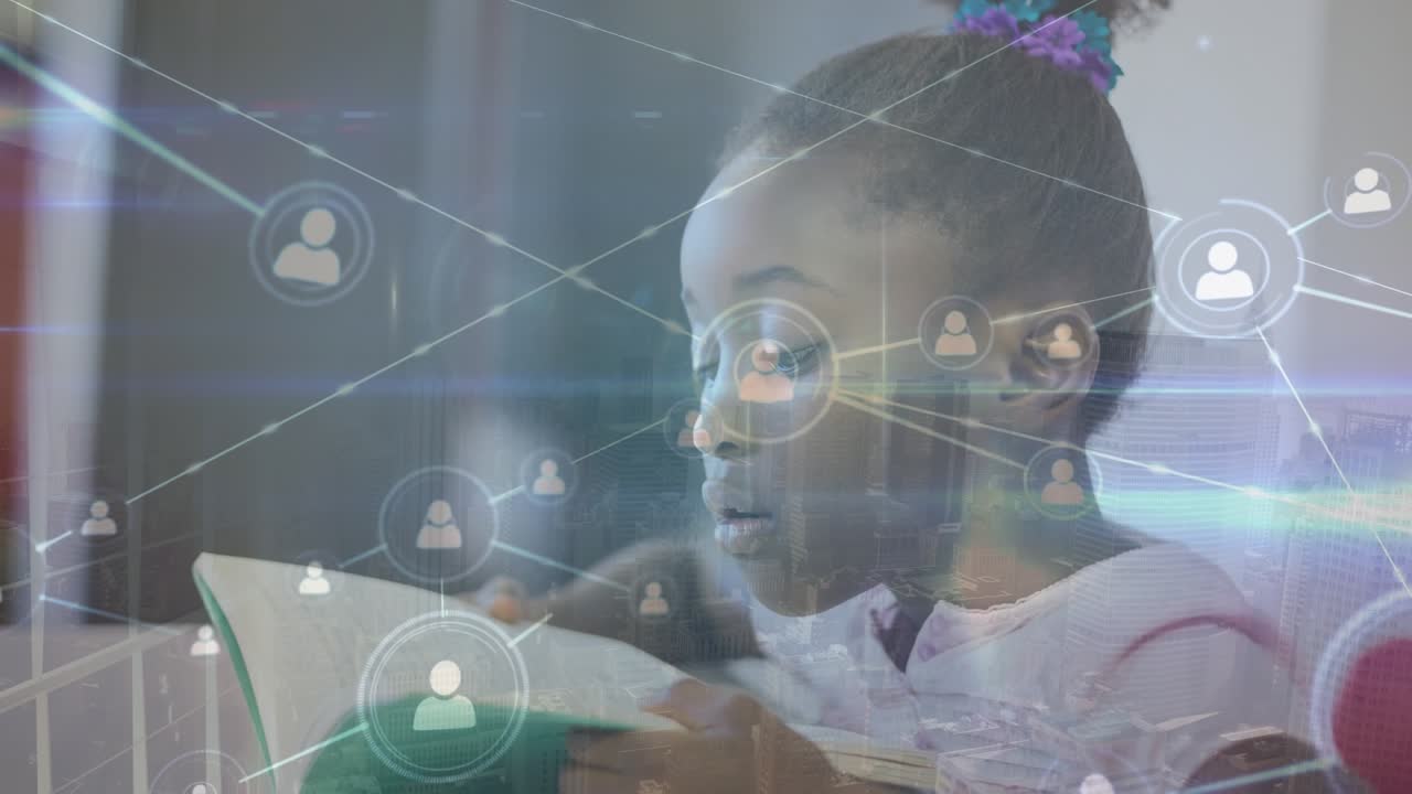 Animation of data processing over african american schoolgirl reading