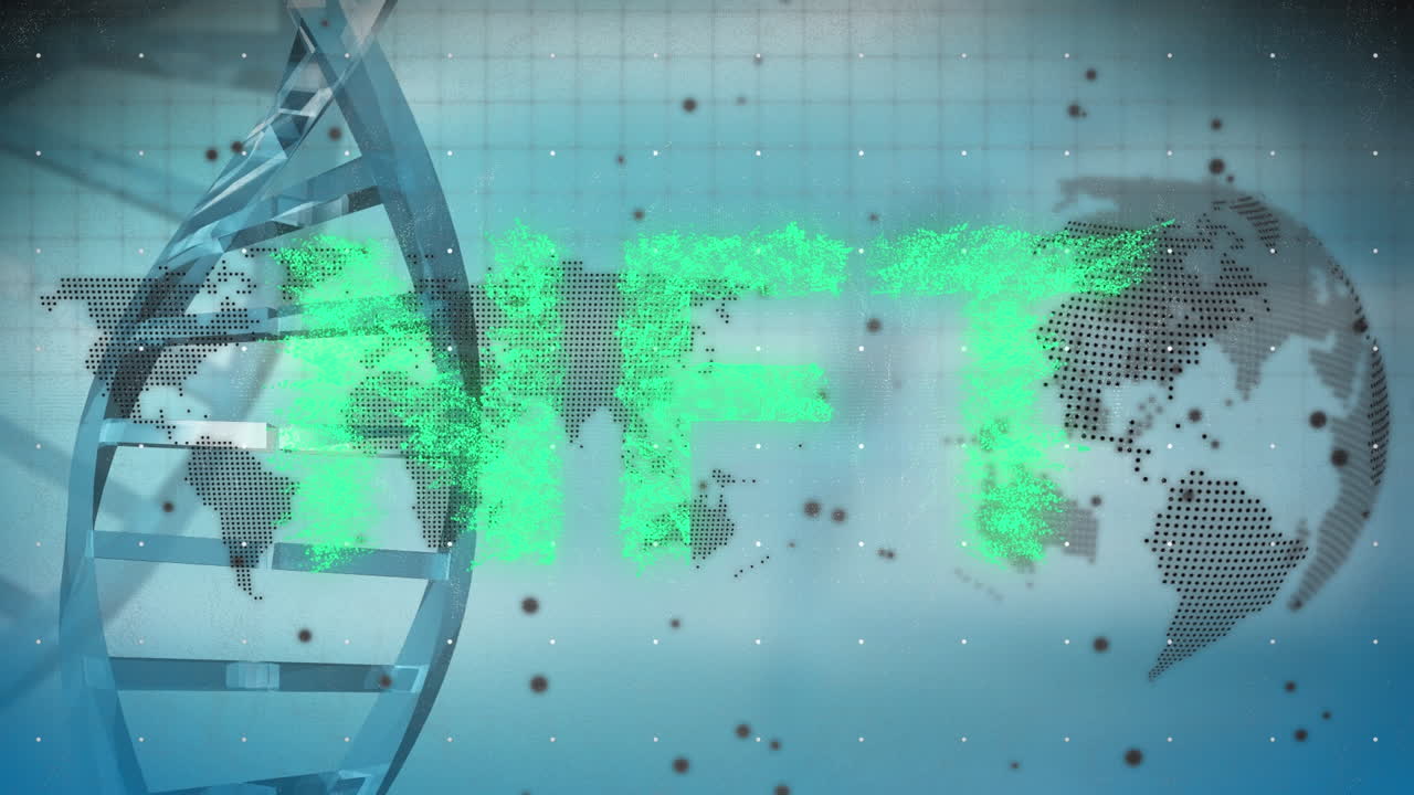 nft의 세계 지도, 지구, dna 및 파란색 배경 위의 애니메이션