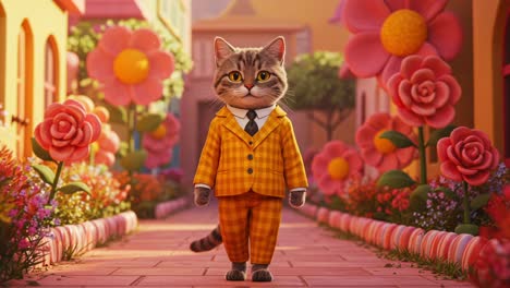 a fashionable cat in a vibrant floral setting strides confidently down a charming pathway, showcasing its stylish suit and expressive demeanor amidst colorful flowers