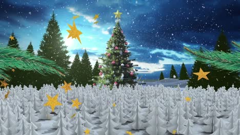 Animación-Del-árbol-De-Navidad,-Estrellas-Y-Nieve-Cayendo-Sobre-El-Paisaje-Invernal