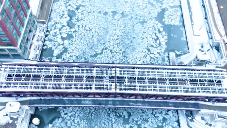 aerial footage of frozen chicago river during 2019 polar vortex