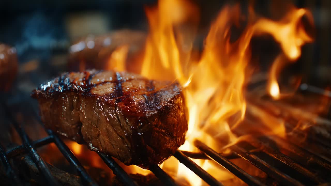 Sizzling Steak Grilling to Perfection: A Close-Up Look at Juicy, Flame-Kissed Meat Cooking on a Barbecue Grill with Flames Dancing Around the Tender Cuts in a Mouthwatering Culinary Display