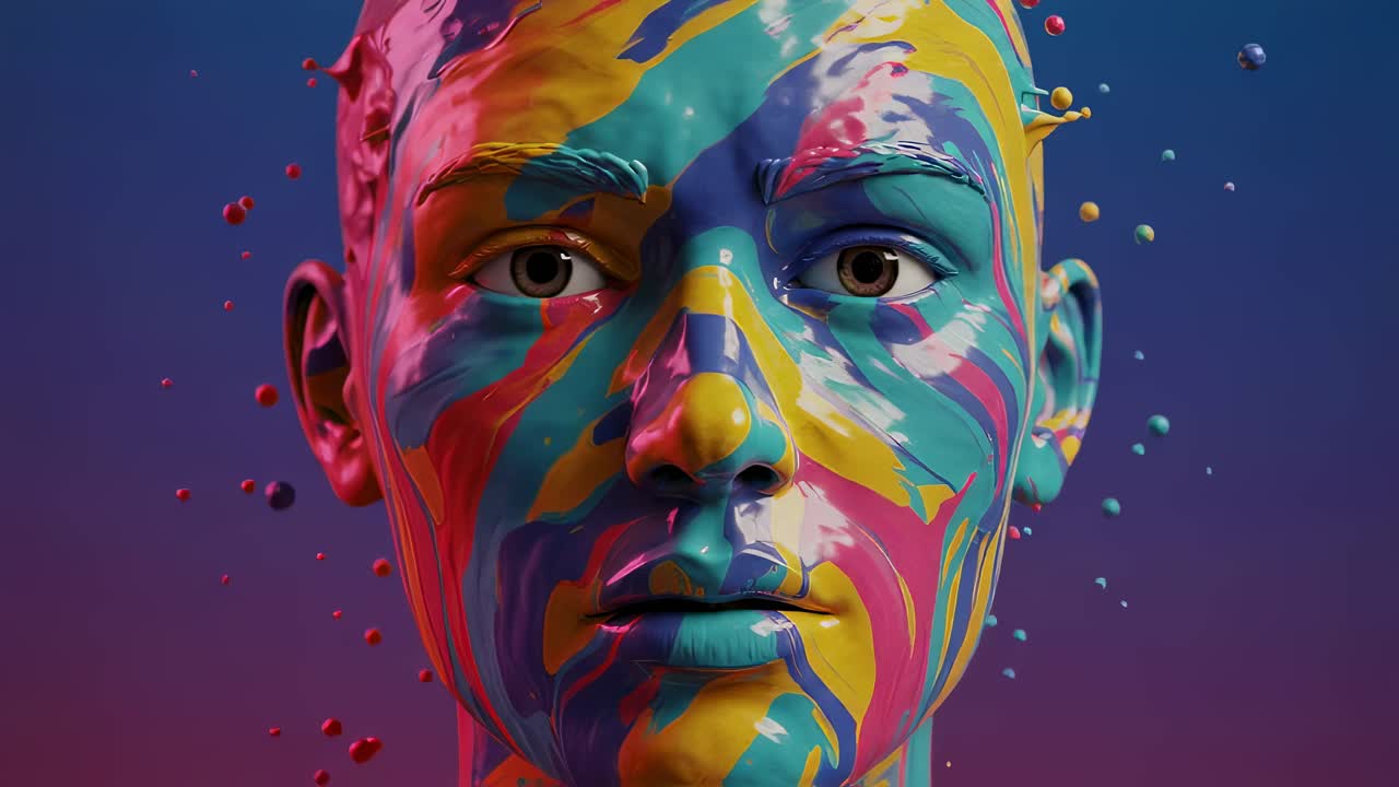 Exploring vibrant 3D art featuring a colorful, abstract human face with dynamic patterns and lively details