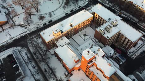 drone overhead shot of elliot park neighborhood in minneapolis during winter golden hour 4k