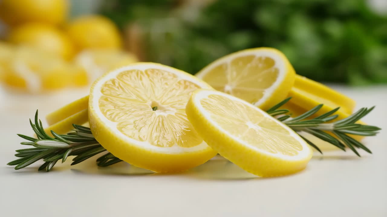 Primo piano di fette di limone abbinate a un rametto di rosmarino su un piano di lavoro, scorza brillante e note di erbe terrose, culinario