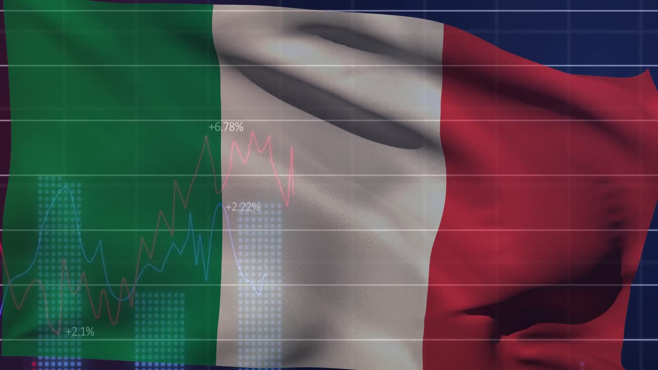 Animazione di elaborazione dati finanziari su bandiera italiana
