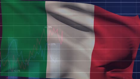 animation of financial data processing over flag of italy
