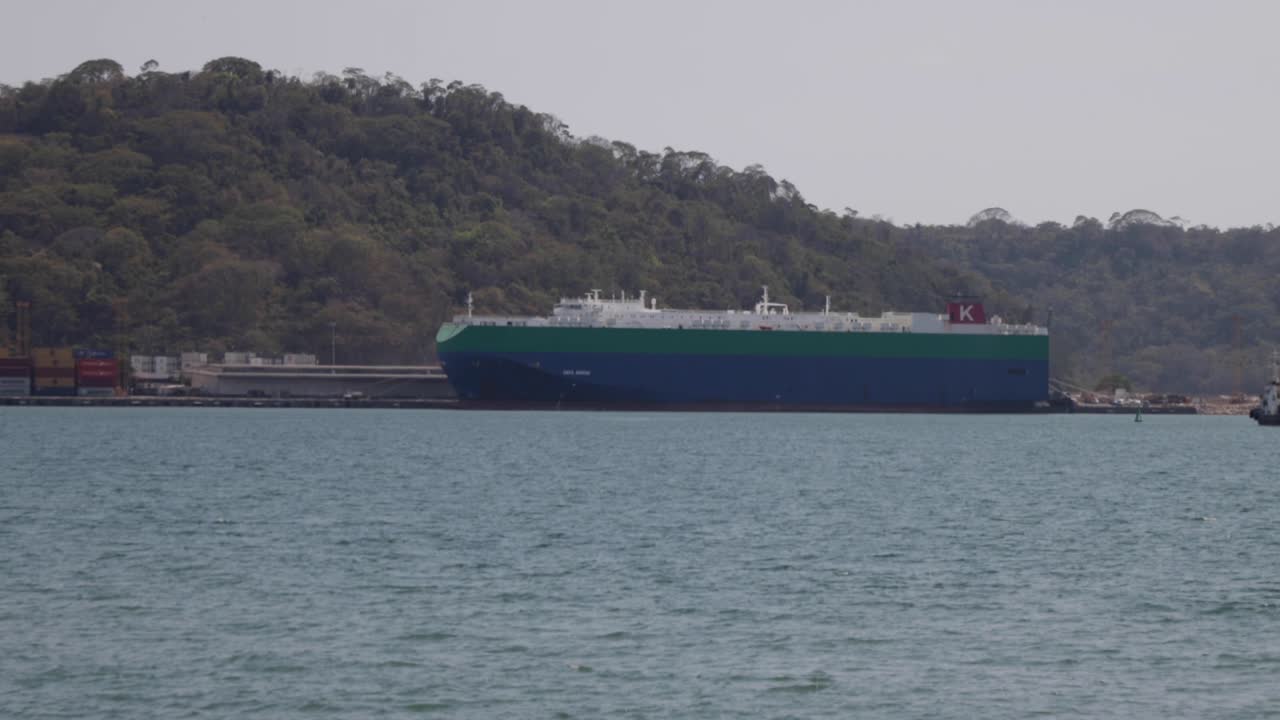 코스타리카 의 푸에르토 칼데라 항구 에 정박 한 대형 화물 선박