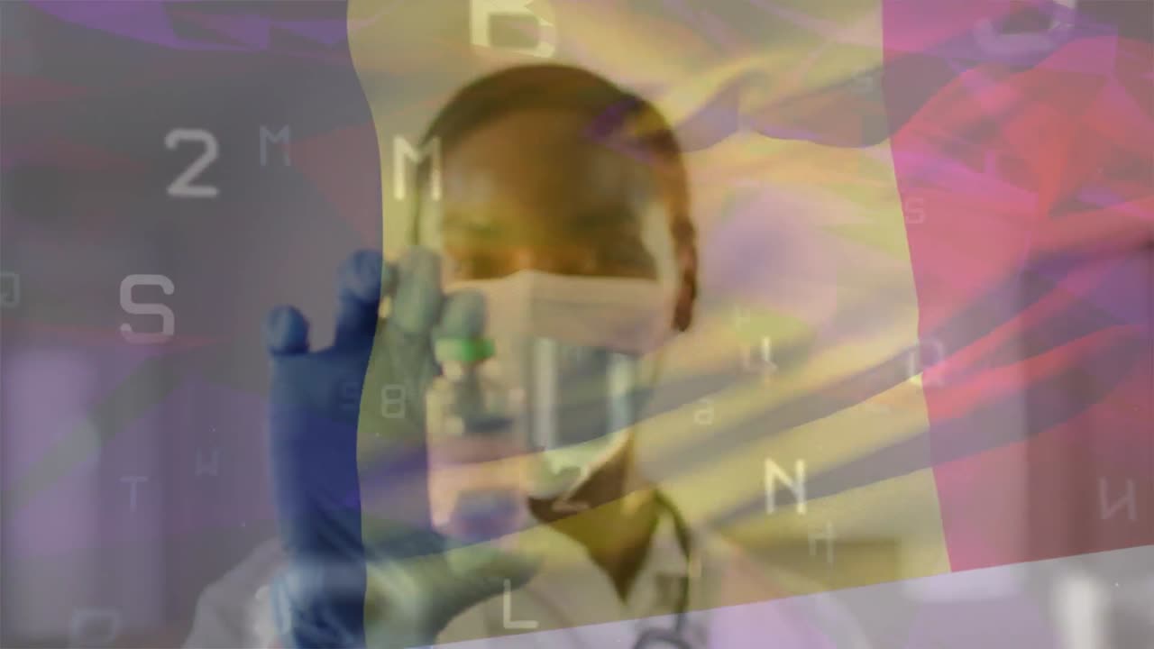 Animation of numbers and belgium flag over biracial female doctor in face mask holding vaccine