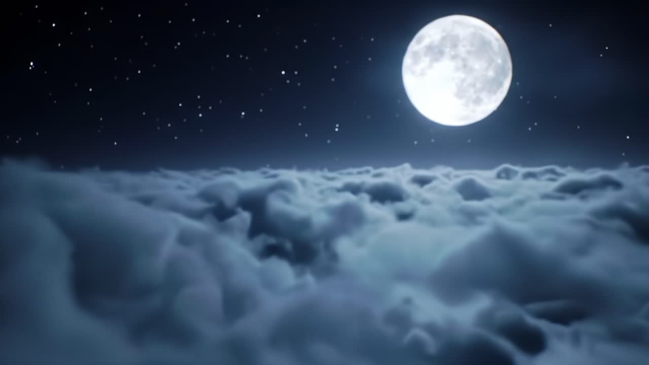 A Serene Night Sky Glowing with a Radiant Full Moon Above a Sea of Soft, Billowy Clouds Under a Starry Blanket of Cosmos