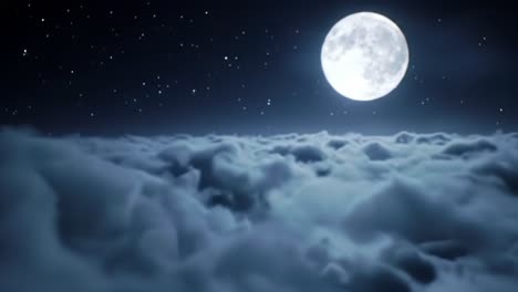 a serene night sky glowing with a radiant full moon above a sea of soft, billowy clouds under a starry blanket of cosmos