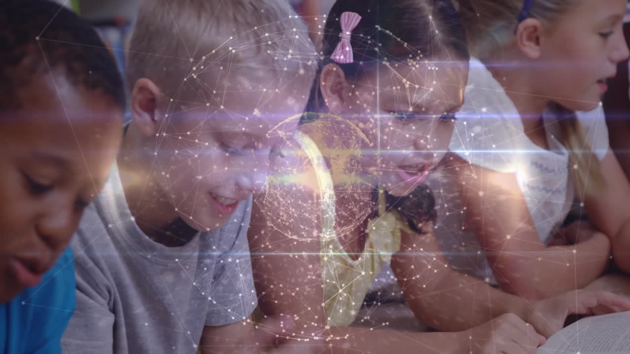 four kids leaning over worksheet exploring holographic network and glowing globe for education